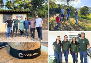 Collage aus 5 Fotos mit Eindrücken von den Kaffeefarmen in Brasilien.