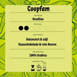 Coopfam ist ein leicht gerösteter Bio-Filterkaffee aus Brasilien.