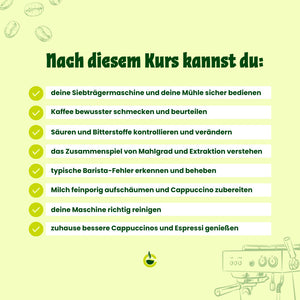 Grafik mit den Lerninhalten des Barista Kurses: Espresso zubereiten, Mahlgrad einstellen, Milch schäumen und Siebträgermaschine einstellen