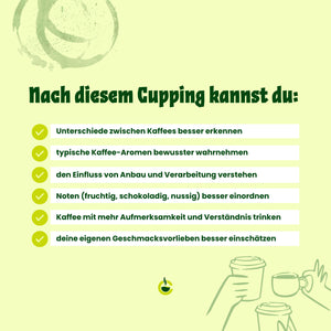 Infografik, was man beim Cupping in der CARLES Kaffeerösterei Düsseldorf alles lernt.