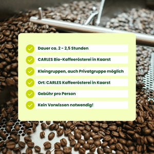 Grafik mit den wichtigsten Informationen zur Führung in der CARLES Bio-Kaffeerösterei bei Düsseldorf.
